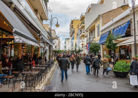 Streets of Patras city decorated for the famous annual Patras Carnival (Patrino karnavali), the largest event of its kind in Greece Stock Photo