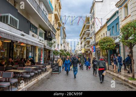 Streets of Patras city decorated for the famous annual Patras Carnival (Patrino karnavali), the largest event of its kind in Greece Stock Photo