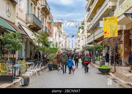 Streets of Patras city decorated for the famous annual Patras Carnival (Patrino karnavali), the largest event of its kind in Greece Stock Photo