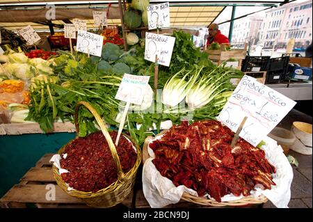 Dried tomatoes in Fish Market, Ponte di Rialto, Venice, Italy Stock Photo