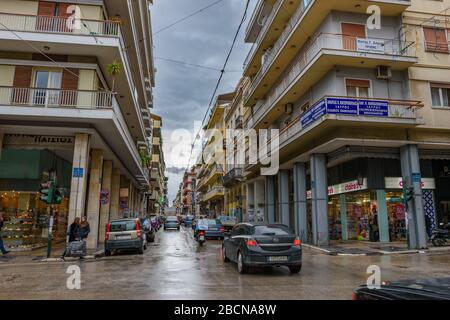 Streets of Patras city decorated for the famous annual Patras Carnival (Patrino karnavali), the largest event of its kind in Greece Stock Photo