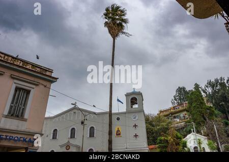 Streets of Patras city decorated for the famous annual Patras Carnival (Patrino karnavali), the largest event of its kind in Greece Stock Photo