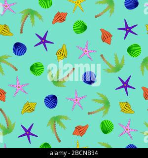 Seamless marine pattern. multicolored starfish, shells and palm trees on a cyan background Stock Vector