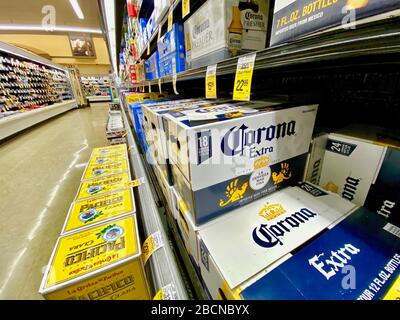 Santa Barbara, California, USA. 30th Mar, 2020. Coronavirus Kills Corona Beer Sales: .Corona Beer is still on the shelves at Safeway in Goleta, CA, but not for long. On Thursday Grupo Modelo, the maker of the beer and a subsidiary of Anheuser-Busch InBev, announced it was temporarily ending production and marketing of Corona Beer, along with its other brands like Pacifica and Models Beer, as a result of the Mexican government's decision to suspend all 'non-essential' activities for the next month in an attempt to slow the spread of coronavirus throughout the country. (Credit Image: © Amy Katz Stock Photo