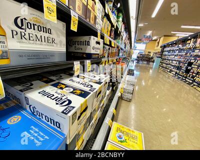 Santa Barbara, California, USA. 30th Mar, 2020. Coronavirus Kills Corona Beer Sales: .Corona Beer is still on the shelves at Safeway in Goleta, CA, but not for long. On Thursday Grupo Modelo, the maker of the beer and a subsidiary of Anheuser-Busch InBev, announced it was temporarily ending production and marketing of Corona Beer, along with its other brands like Pacifica and Models Beer, as a result of the Mexican government's decision to suspend all 'non-essential' activities for the next month in an attempt to slow the spread of coronavirus throughout the country. (Credit Image: © Amy Katz Stock Photo