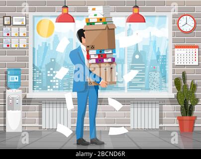 Stressed businessman under pile of office papers and documents. Office building interior. Office documents heap. Routine, bureaucracy, big data, paperwork, office. Vector illustration in flat style Stock Vector