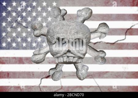 Abstract model of the strain of the new coronavirus covid-19 in the form of a death sign. skull with crossbones on the background of the American flag Stock Photo