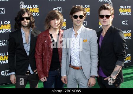 February 18, 2012, Santa Monica, CA, USA: LOS ANGELES - FEB 18:  Nash Overstreet, Ryan Follese, Jamie Follese, Ian Keaggy, Hot Chelle Rae at the 2012 Cartoon Network Hall of Game Awards at the Barker Hanger on February 18, 2012 in Santa Monica, CA (Credit Image: © Kay Blake/ZUMA Wire) Stock Photo