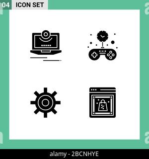Set of 4 Commercial Solid Glyphs pack for cam, gear, monitor, game, setting Editable Vector Design Elements Stock Vector