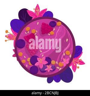Acai smoothie bowl with raspberries, blueberries, flowers top view. Healthy natural breakfast. Portion of smoothie with fruits in a bowl isolated Stock Vector