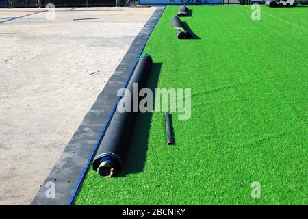 Artificial turf soccer field construction  - Athens, Greece, February 25 2020. Stock Photo