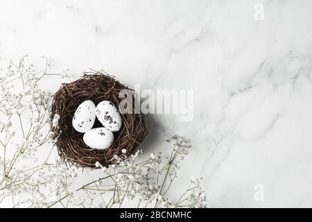 Holiday decorations. Little nest with white eggs and gypsophila on marble background. Happy Easter concept. Top view Stock Photo