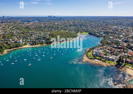Aerial view on Reef Bay, Sydney, Australia. View on Sydney harbourside suburb from above. Aerial view on Forty Baskets Beach, Reef Bay and Sydney in t Stock Photo