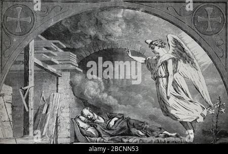 New Testament. Apparition of the angel to Saint Joseph. Engraving. Holy Bible, 19th century. Stock Photo