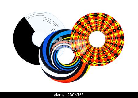 Optical illusions shapes abstract, three cut out colorful circle objects, elements, wagon-wheel rotation illusoric effect. False visual perception Stock Photo