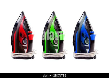 Red Green Blue, simple RGB color model three colors concept, three multicolored irons isolated on white background, cut out Home use objects group Stock Photo