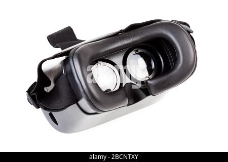VR, virtual reality headset goggles lenses visible light reflections, object isolated on white, cut out back view angle Comfy rubber edge, studio shot Stock Photo
