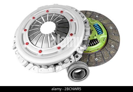 Car repair kit clutch manual gearbox isolated on a white background. Car and truck clutch disk. Composite clutch disc. Clutch repair kit. Car maintena Stock Photo