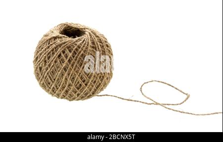 Ball of string isolated on white. Natural rope. Skein of jute twine. Stock Photo