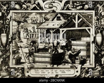 A 16th century engraving showing wine makers at work. The zodiac sign for Scorpio, indicates activities were taking place in the month of October Stock Photo