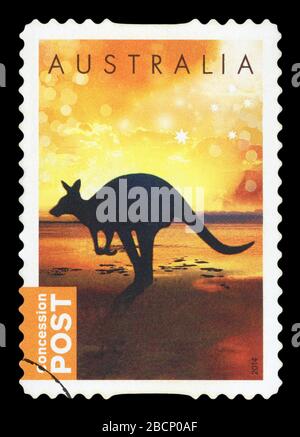 AUSTRALIA - CIRCA 2014: A used postage stamp from Australia, depicting a silhouette of a Kangaroo, circa 2014. Stock Photo