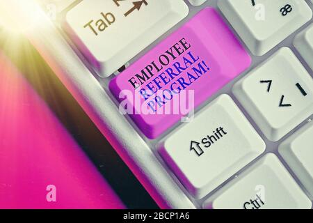 Text sign showing Employee Referral Program. Business photo text internal recruitment method employed by organizations Stock Photo