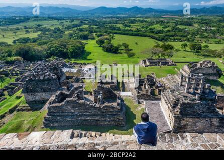 View of Chiapas highlands from top of a pyramid, Temple of the Smoking Mirror, Acropolis, Tonina archaeological site, near Ocosingo, Chiapas, Mexico Stock Photo