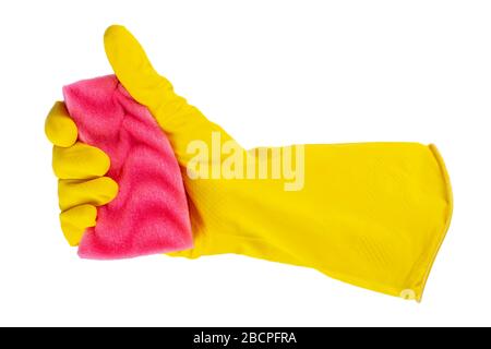 Yellow rubber glove for cleaning, workhouse concept. Ok symbol. File contains clipping path. Stock Photo