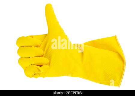 Yellow rubber gloves for cleaning, workhouse concept. Ok symbol. File contains clipping path. Stock Photo