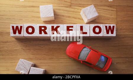 Work flow word on wooden small cubes with letters and a red car. Business Concept image Stock Photo