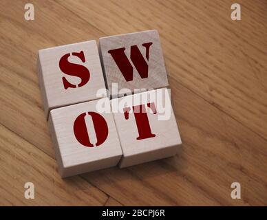 SWOT abbreviation on wooden cubes. Strengths weaknesses opportunities threats. Business startup analysis concept Stock Photo