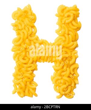 Letter H of the English alphabet from dry pasta on a white isolated background. Food pattern made from macaroni. Bright alphabet for shops. Stock Photo