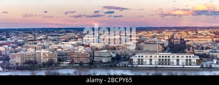 Panorama aerial view of Washington DC Skyscraper skylines building cityscape Capital of USA  from Arlington Virginia USA in sunset twilight. Stock Photo