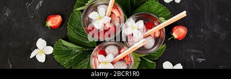 Banner of Strawberry detox water with jasmine flower. Stock Photo
