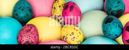Easter background. Colorful Easter eggs closeup. Banner. Chicken and quail eggs. Horizontal orientation. Stock Photo