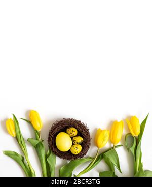 Easter yellow eggs in a nest and tulips on a white background. Easter border. Vertical orientation. Copy space, top view, flat lay. Stock Photo