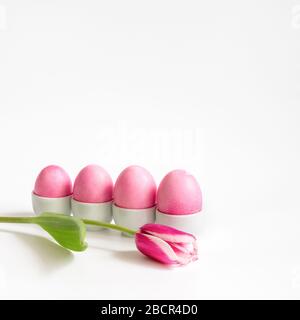 Easter pink eggs in stands and a tulip flower on a white background. Easter decorations. Copy space. Stock Photo