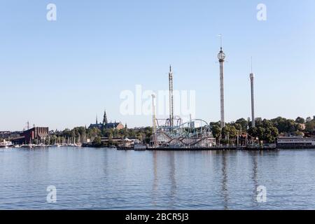 STOCKHOLM, SWEDEN-CIRCA JUN, 2018: Grona Lund Sweden's oldest amusement park with roller coasters and thrill rides is in the Gamla stan (Old Town). It Stock Photo