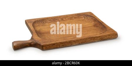 Old wooden cutting board isolated on white background. Stock Photo