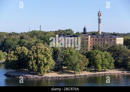 STOCKHOLM, SWEDEN-CIRCA JUN, 2018: Building of Campus Manilla is on shore of archipelago. It is a primary and secondary school for deaf and hearing im Stock Photo