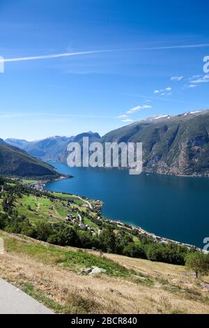 Aurlandsfjord fjord in Sogn og Fjordane county with mountain village Aurlandsvangen. Norway. Seen from route E16 Stock Photo