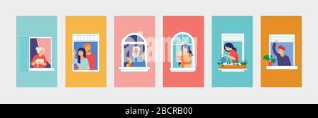 Stay at home, COVID-19 pandemic concept design. House facade with open windows. Different types of people looking out and communicating with their Stock Vector