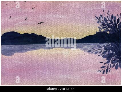 tranquil landscape background with lake on sunset, watercolor sunset landscape Stock Photo