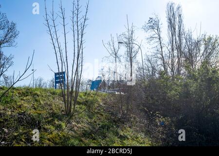 Strasbourg, France - Mar 18, 2020: Low angle view through the hill of Elephant Bleu automated car wash Stock Photo