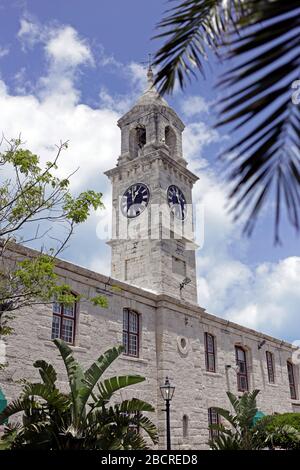 Clock Tower, mall, at the Royal Naval Dockyard, Bermuda.The Clocktower Mall.Ireland Island. Stock Photo