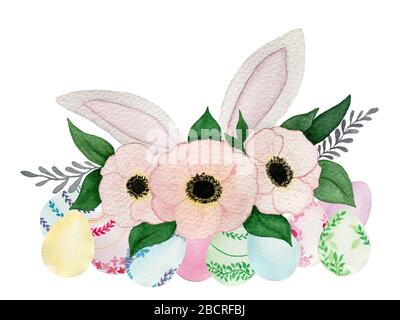 Easter background with eggs, bunny ears and flowers, watercolor cartoon design for Easter holidays, cute Easter template isolated on white Stock Photo