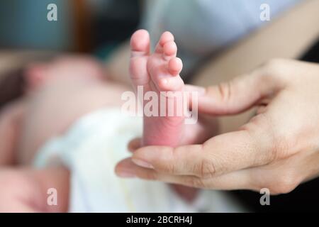 Newborn infant barefoot leg in female hand, mother breastfeeding baby lying in bed, close up view Stock Photo