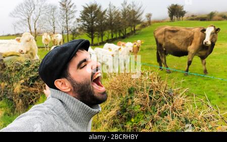 The sheperd having fun with his cattle in Ireland Stock Photo