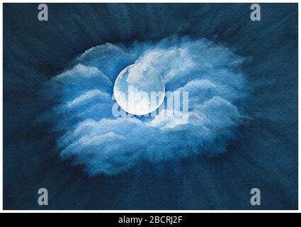 navy blue night sky abstract background, romantic watercolor moon night sky scene, hand painted illustration with moon and clouds on night sky Stock Photo