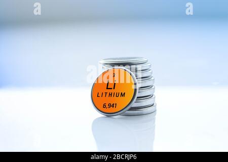 Miniature battery button cell. with chemical data. Stock Photo